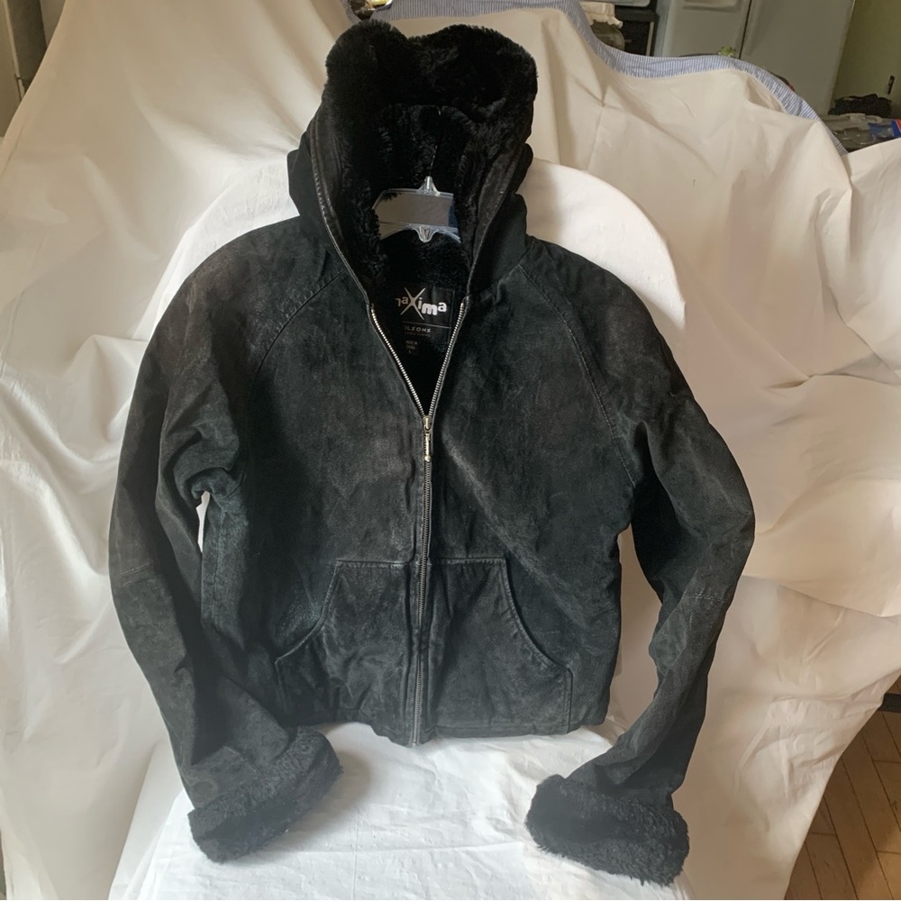Vintage Maxima Black Leather Jacket with Faux Fur Interior